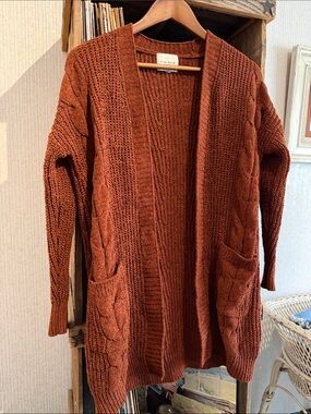 Pink Rose Women's Burnt Orange Open-Front Cable Cardigan